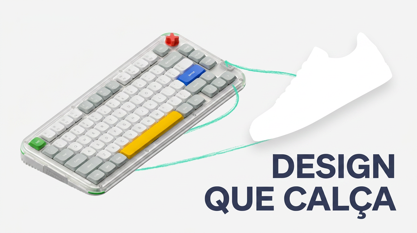 Capa: Kick75 e silhueta de tênis com título Design que Calça